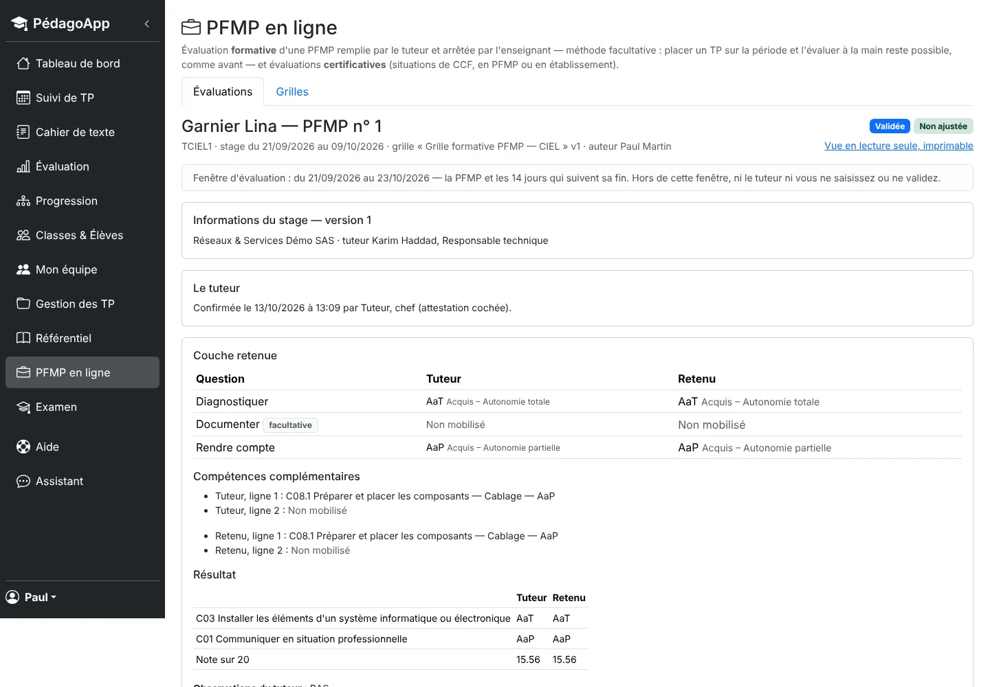 Évaluation de PFMP : informations du stage et du tuteur, réponses du tuteur et évaluation retenue par l'enseignant avec les écarts motivés.